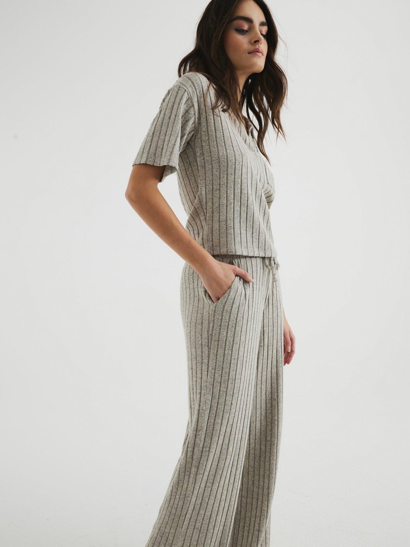 Image 2 of 4 of River Island Marl Rib Wide Leg Trouser - Brown Marl