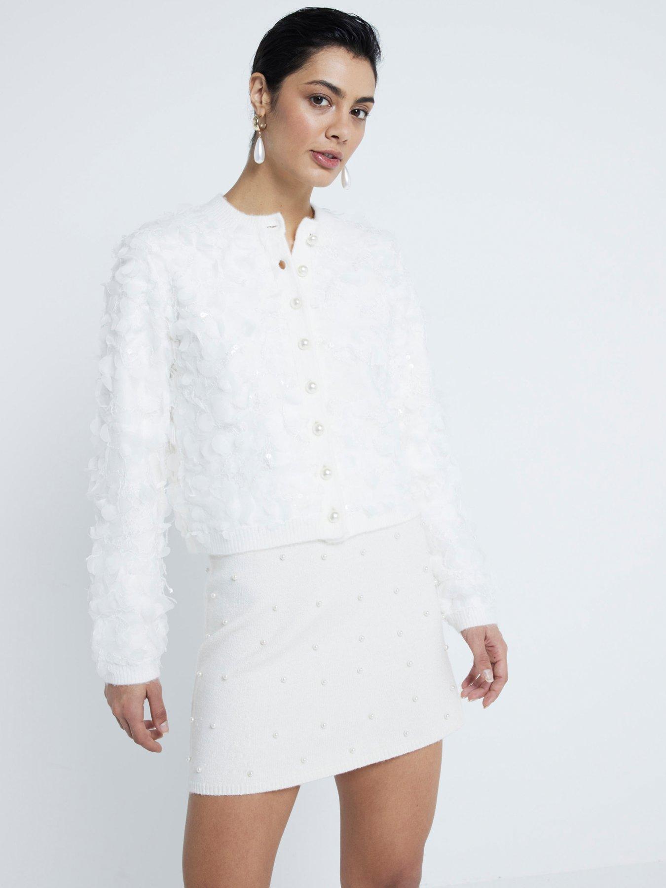 Image 1 of 6 of River Island Fabric Overlay Cardigan - Cream