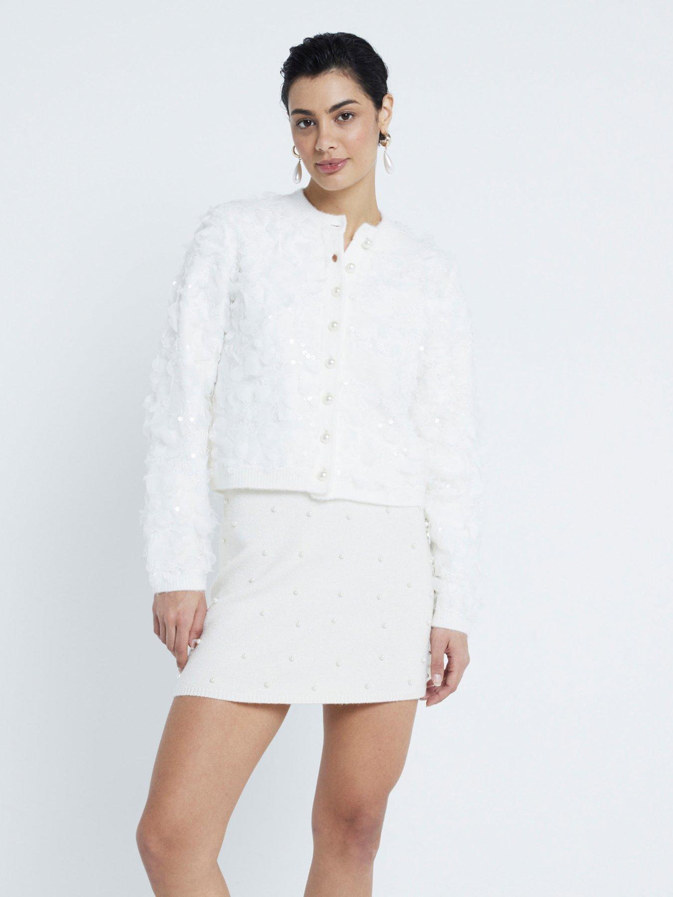 Image 2 of 6 of River Island Fabric Overlay Cardigan - Cream