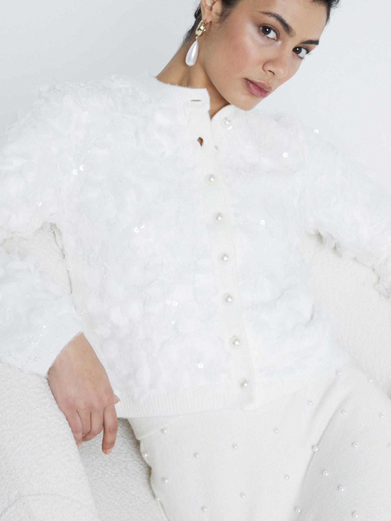 Image 4 of 6 of River Island Fabric Overlay Cardigan - Cream