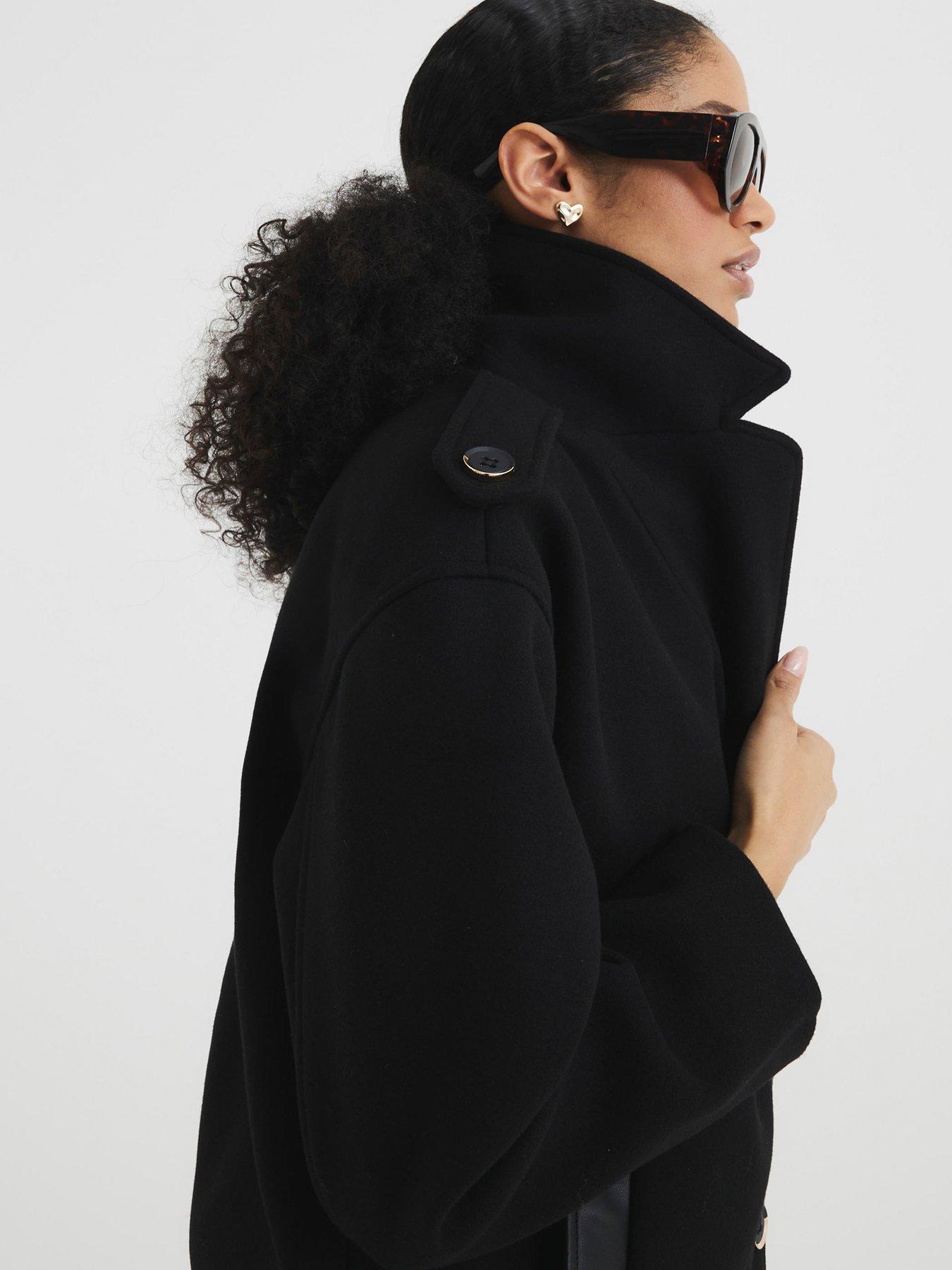 Image 2 of 4 of River Island Short Bomber Back Pea Coat - Black