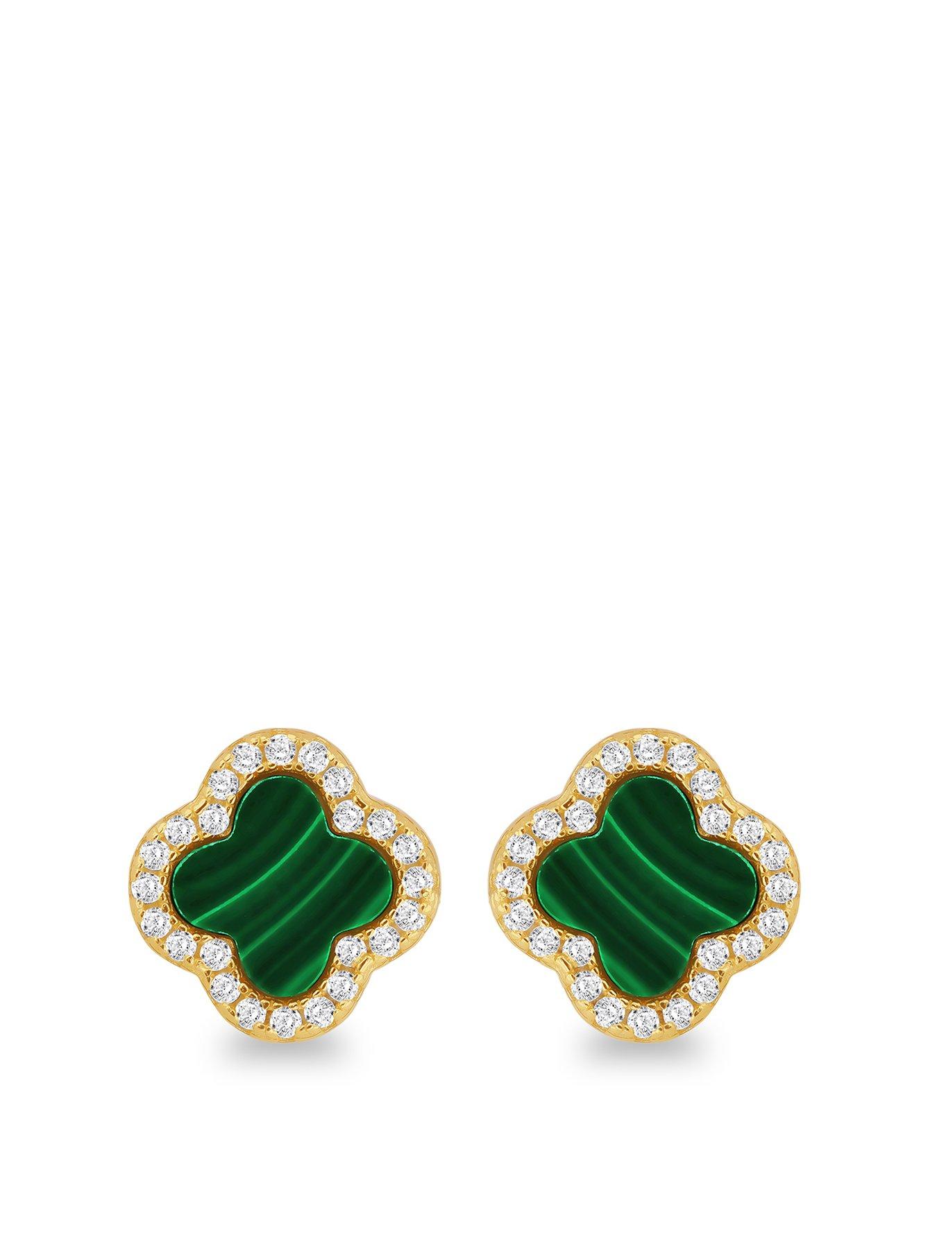 Product photograph of The Love Silver Collection Sterling Silver Yellow Gold Plated 11mm X 11mm Clover Malachite And 1mm White Cz Stud Earrings from very.co.uk