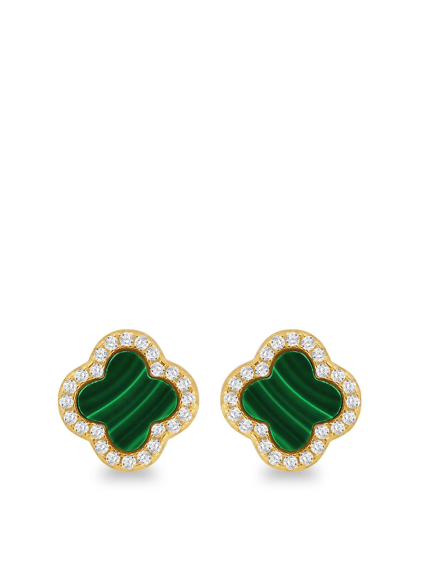 The Love Collection Sterling Silver Yellow Gold Plated 11mm x 11mm Clover Malachite and 1mm White CZ Stud Earrings