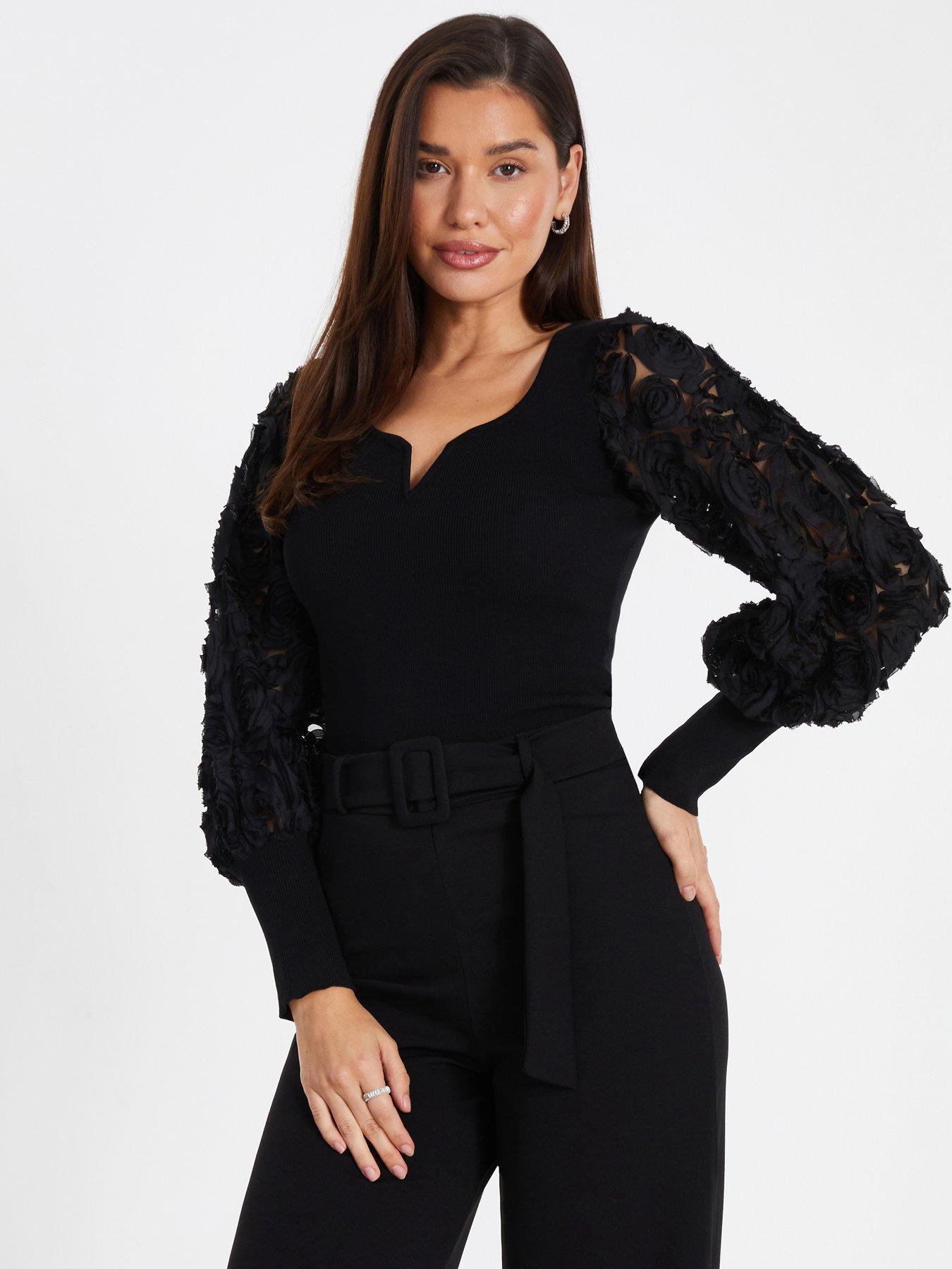 Black Floral Sleeve Ribbed Knit Top