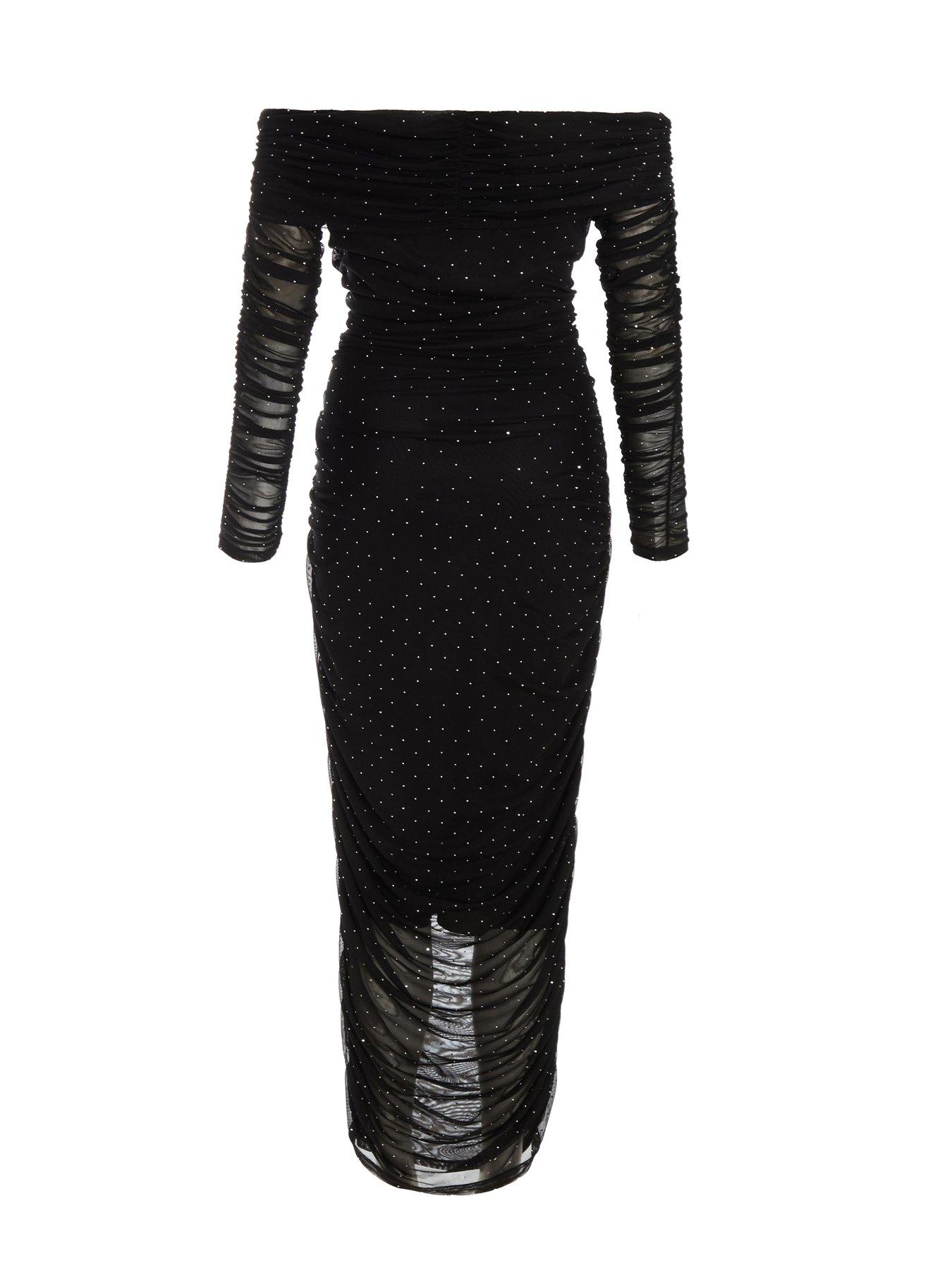 black ruched mesh bardot bodycon dress Mavis Silk Midi Dress in Claudia Rose Black