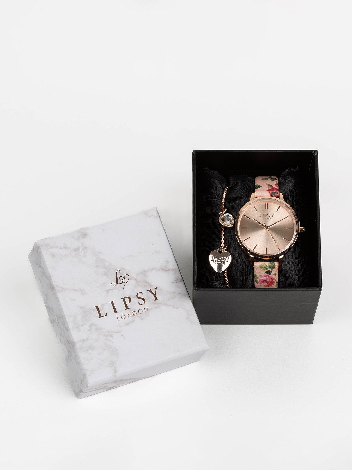 Lipsy Pink Floral Pattern Strap And Rose Gold Bracelet Watch Set