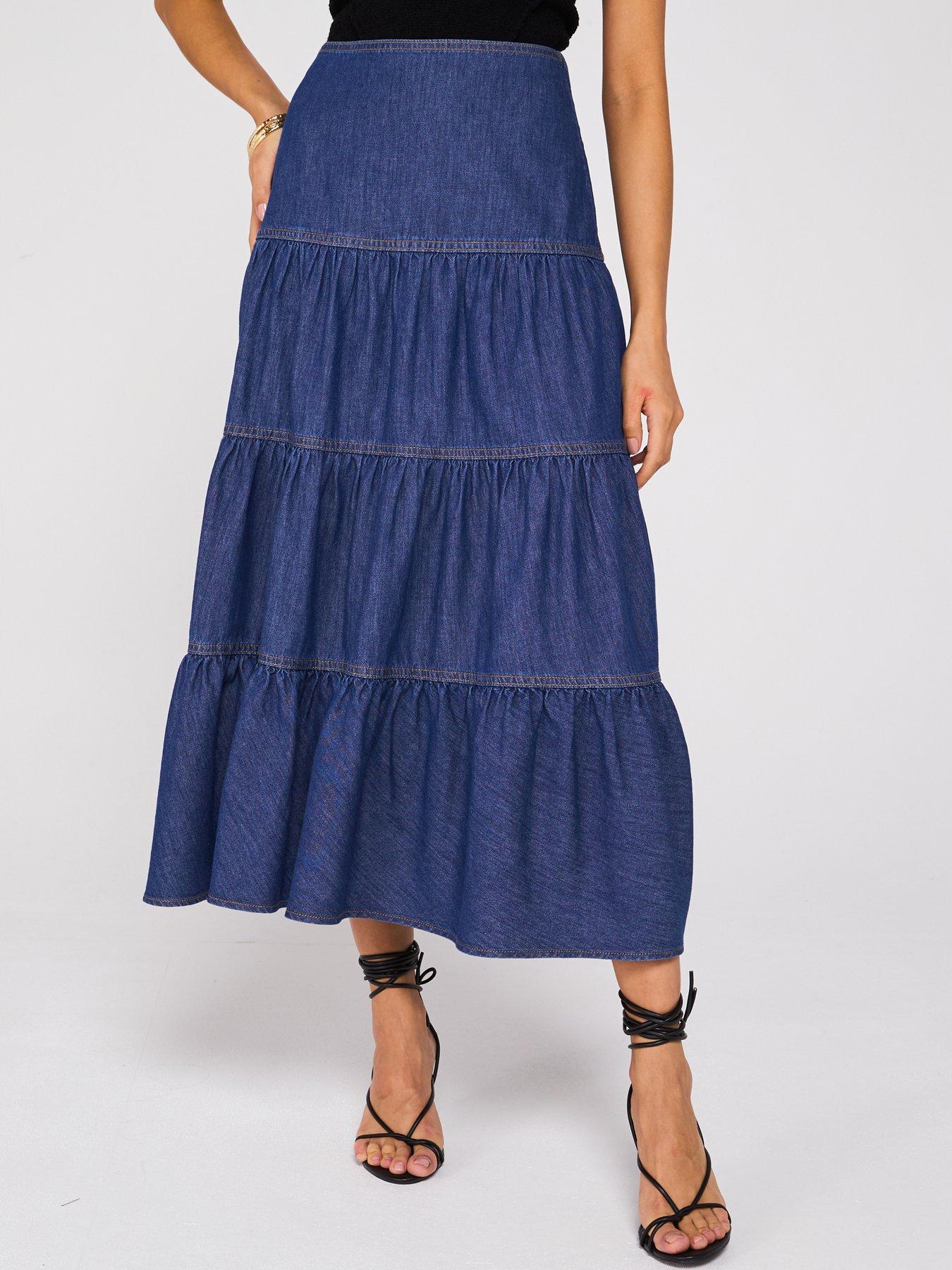 undefined Tiered Denim Skirt - Dark Wash