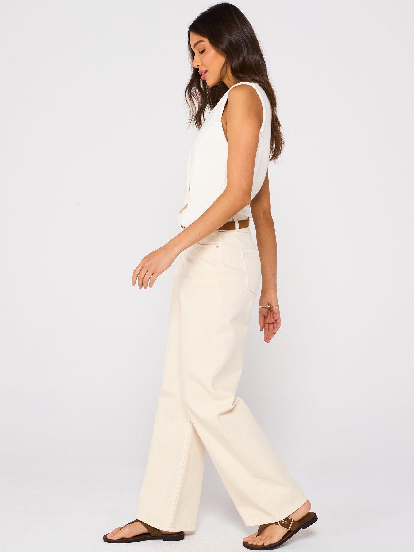 Ecru High Rise Wide Leg Jeans