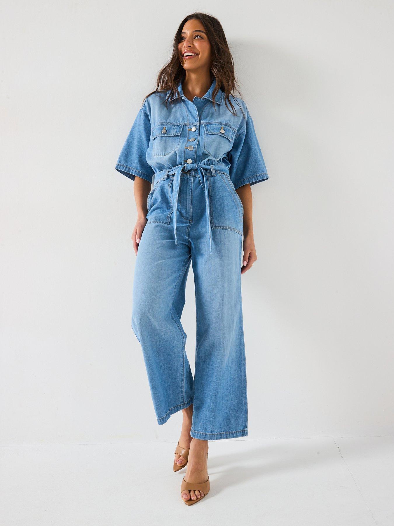 V by Very Revere Collar Denim Jumpsuit - Mid Wash
