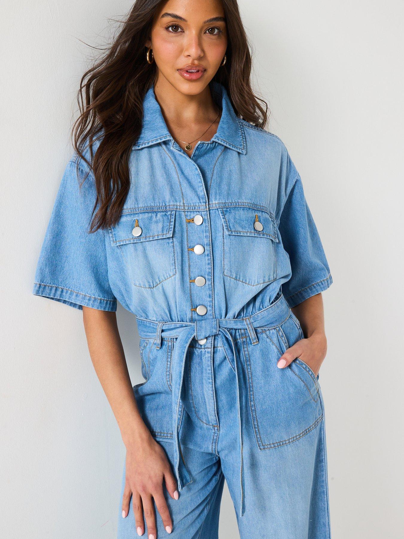 Image 5 of 6 of V by Very Revere Collar Denim Jumpsuit - Mid Wash