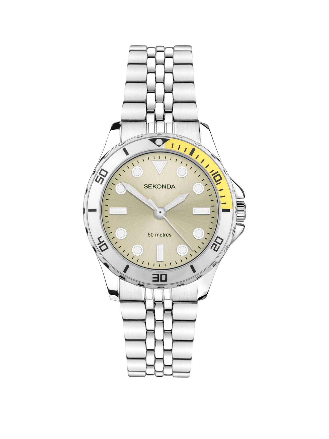 Product photograph of Sekonda Womens Balearic Silver Stainless Steel Bracelet With Yellow Dial Analogue Watch from very.co.uk