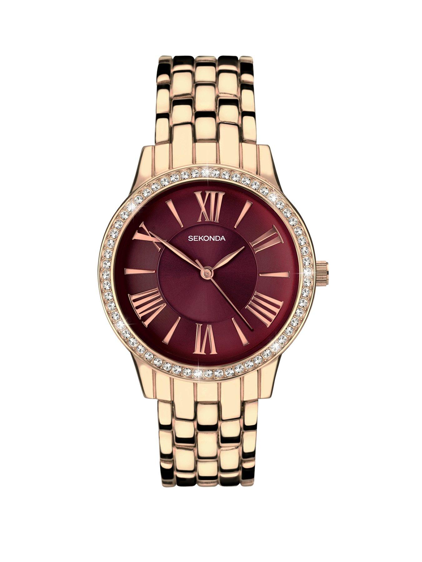 Product photograph of Sekonda Womens Charlotte Rose Gold Alloy Bracelet With Burgundy Dial Analogue Watch from very.co.uk