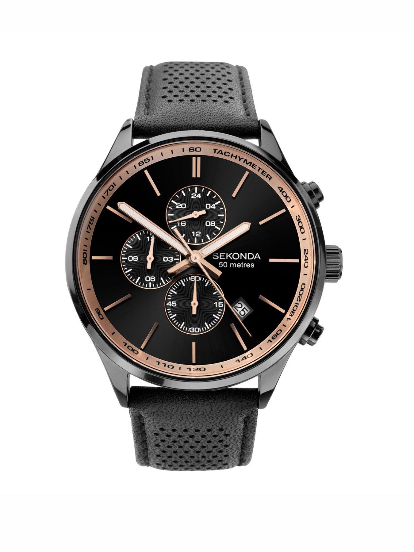 Product photograph of Sekonda Mens Endurance Black Leather Strap With Black Dial Analogue Watch from very.co.uk