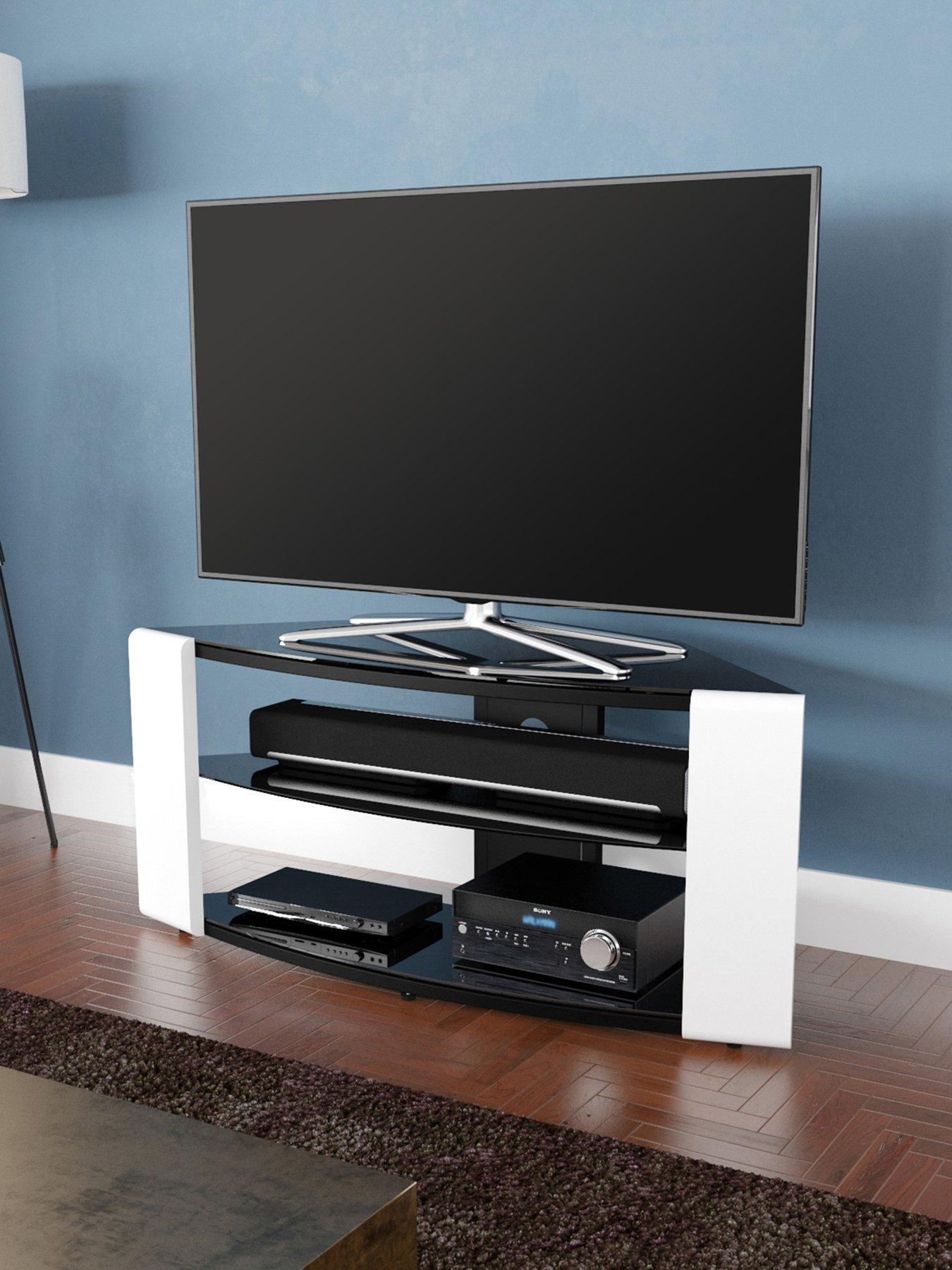 Product photograph of Avf Como Corner Combi Tv Stand - Gloss White Black Glass from very.co.uk