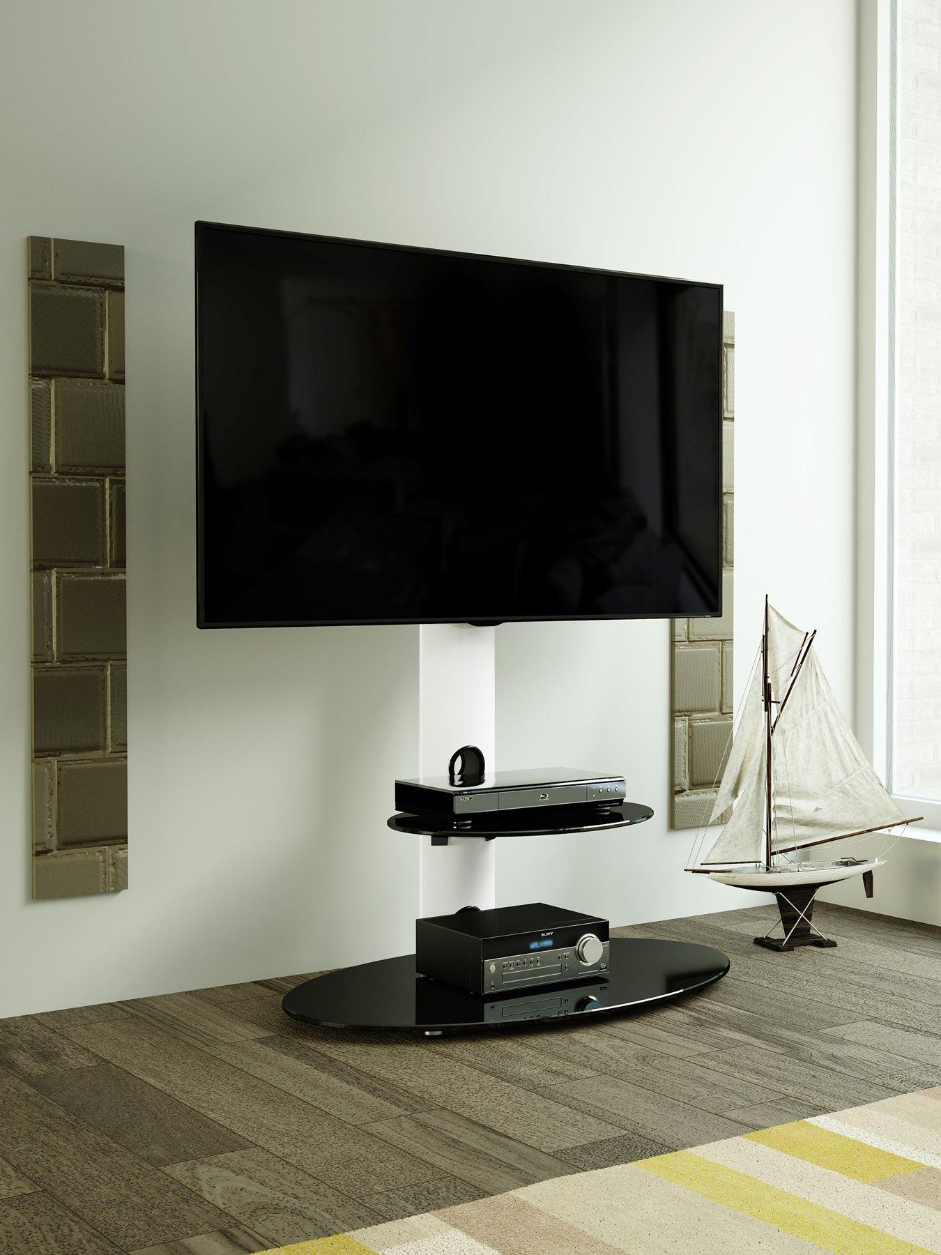 undefined Lugano Oval Pedestal Tv Stand And Tv Bracket - Satin White / Black Glass