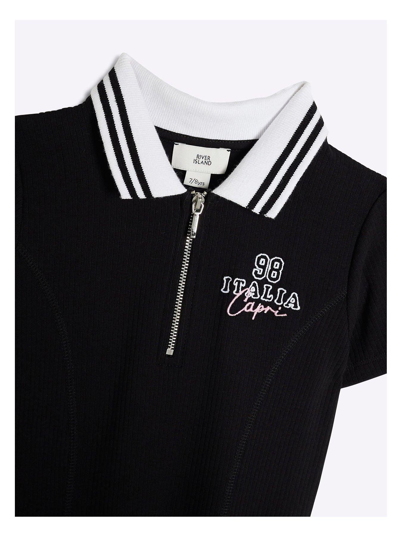 Image 3 of 4 of River Island Girls Ribbed Quarter Zip Polo Italia Sporty Dress - Black