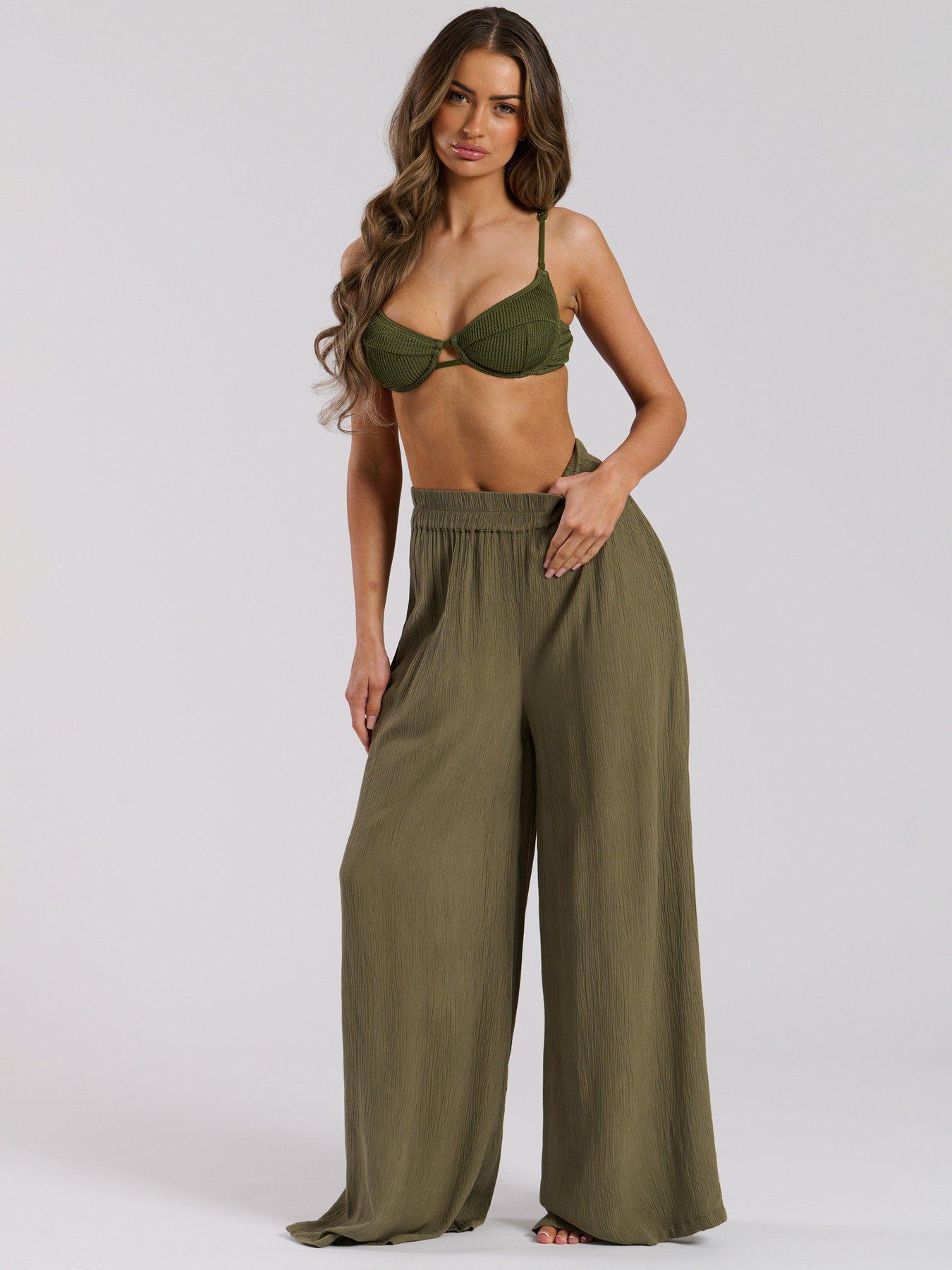 Image 1 of 3 of South Beach Crinkle Viscose Wide Leg Trousers - Khaki