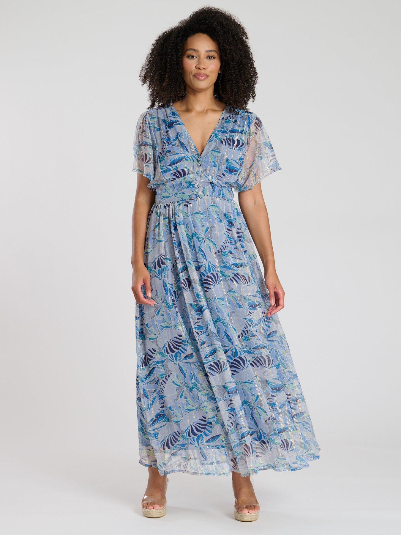 Image 1 of 3 of South Beach Printed Metallic Chiffon Button Detail Midi Dress - Blue