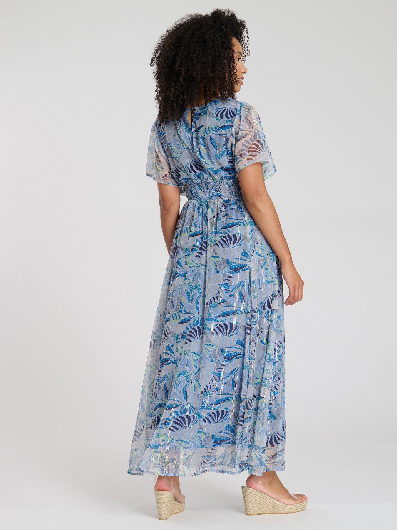 Image 2 of 3 of South Beach Printed Metallic Chiffon Button Detail Midi Dress - Blue