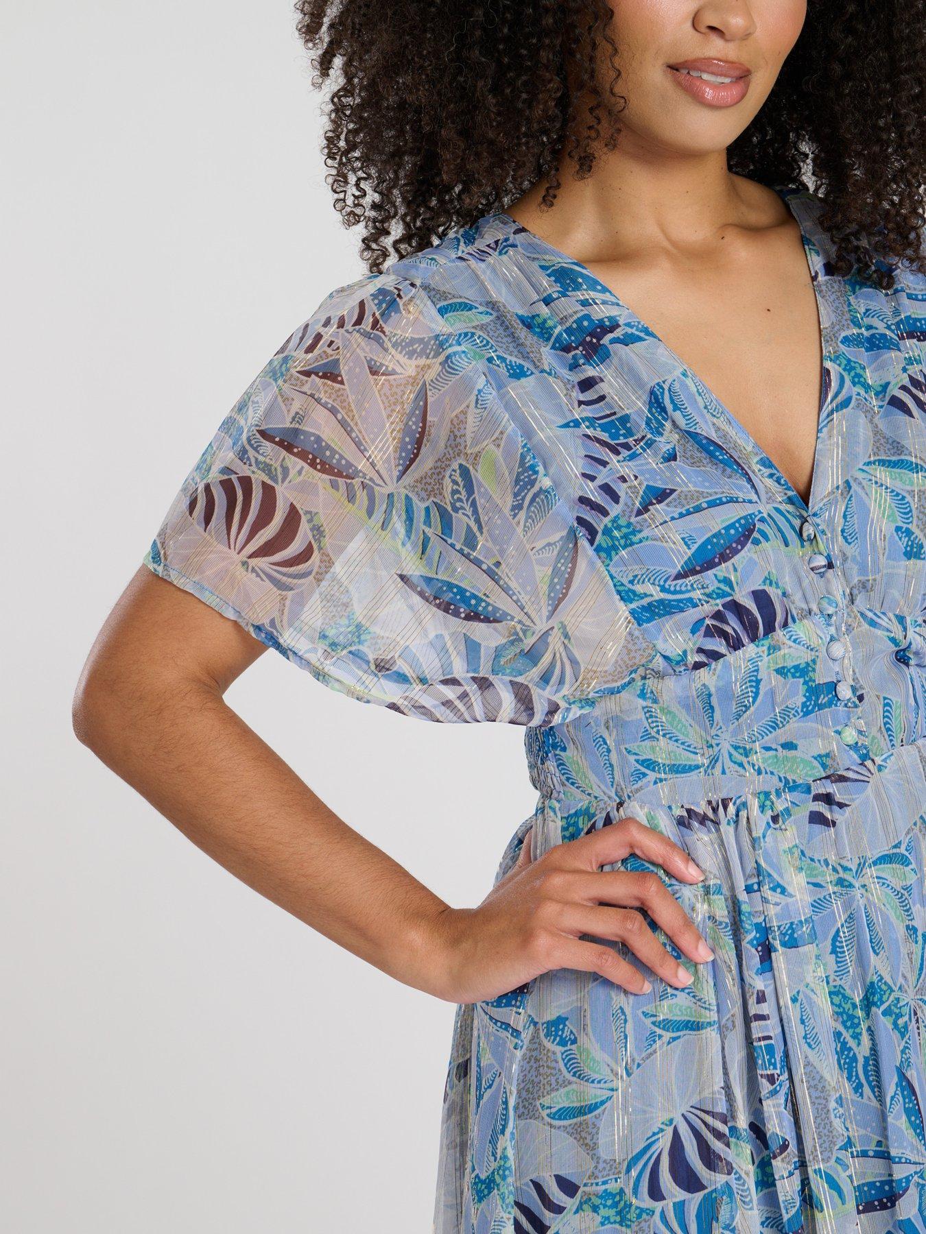 Image 3 of 3 of South Beach Printed Metallic Chiffon Button Detail Midi Dress - Blue