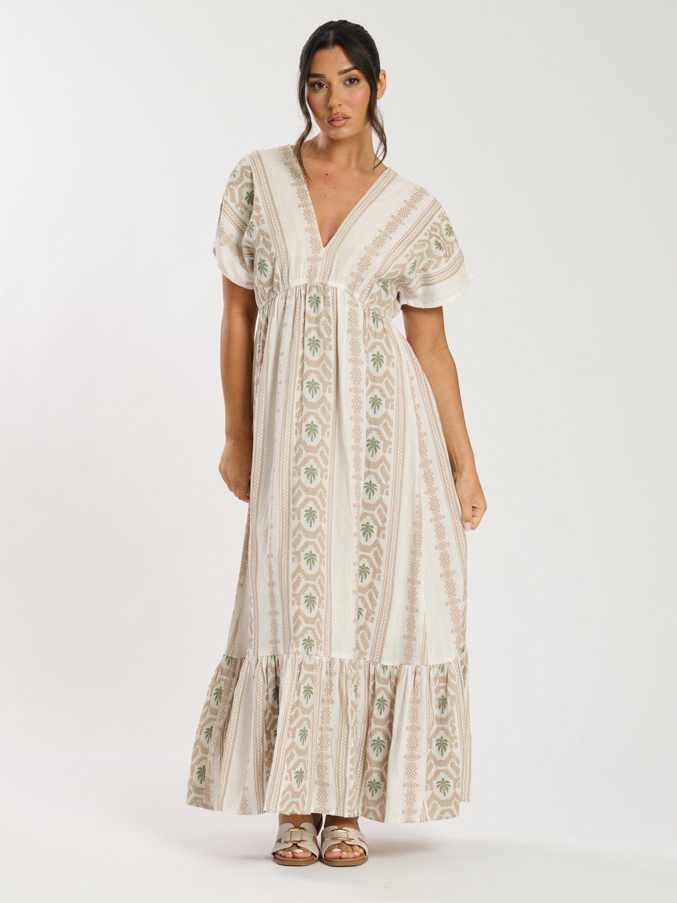 South Beach Jacquard V Neck Maxi Dress - Beige