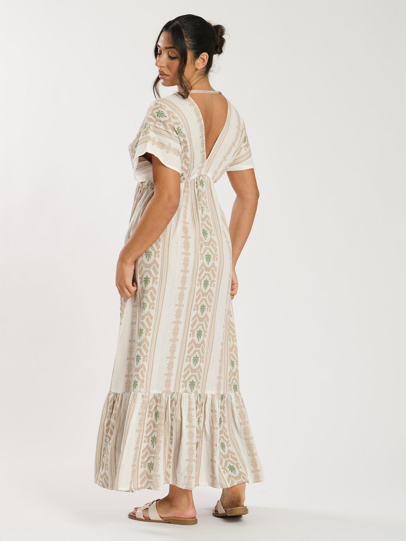 Image 2 of 5 of South Beach Jacquard V Neck Maxi Dress - Beige