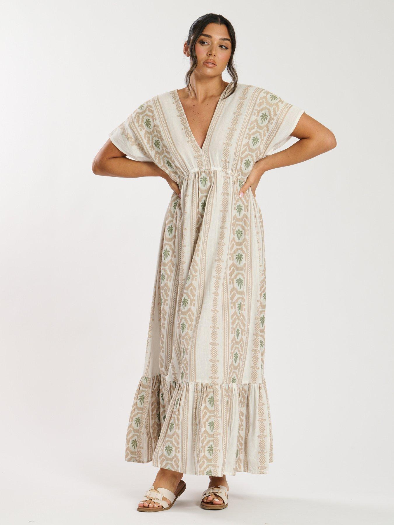 Image 3 of 5 of South Beach Jacquard V Neck Maxi Dress - Beige