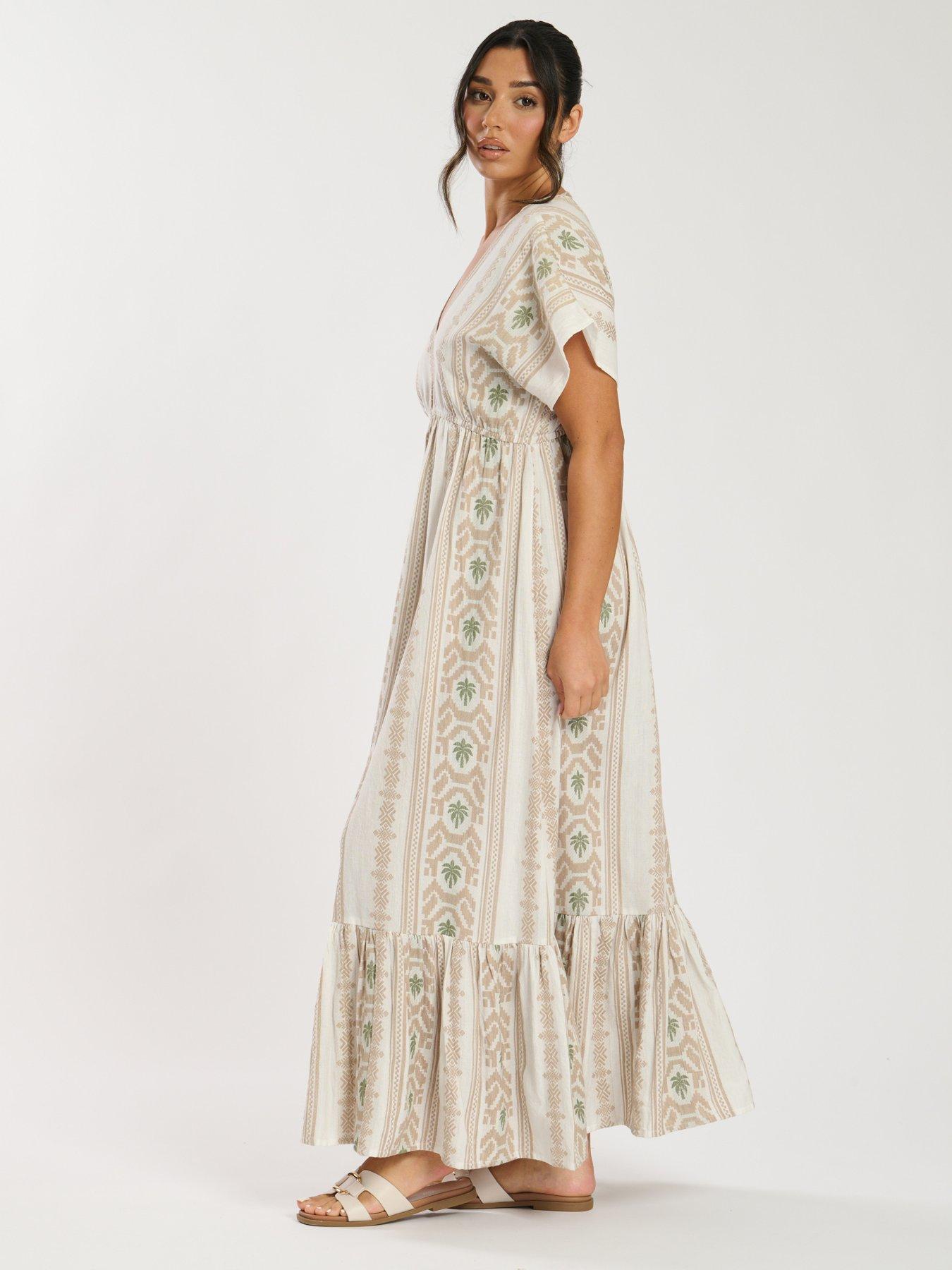 Image 4 of 5 of South Beach Jacquard V Neck Maxi Dress - Beige