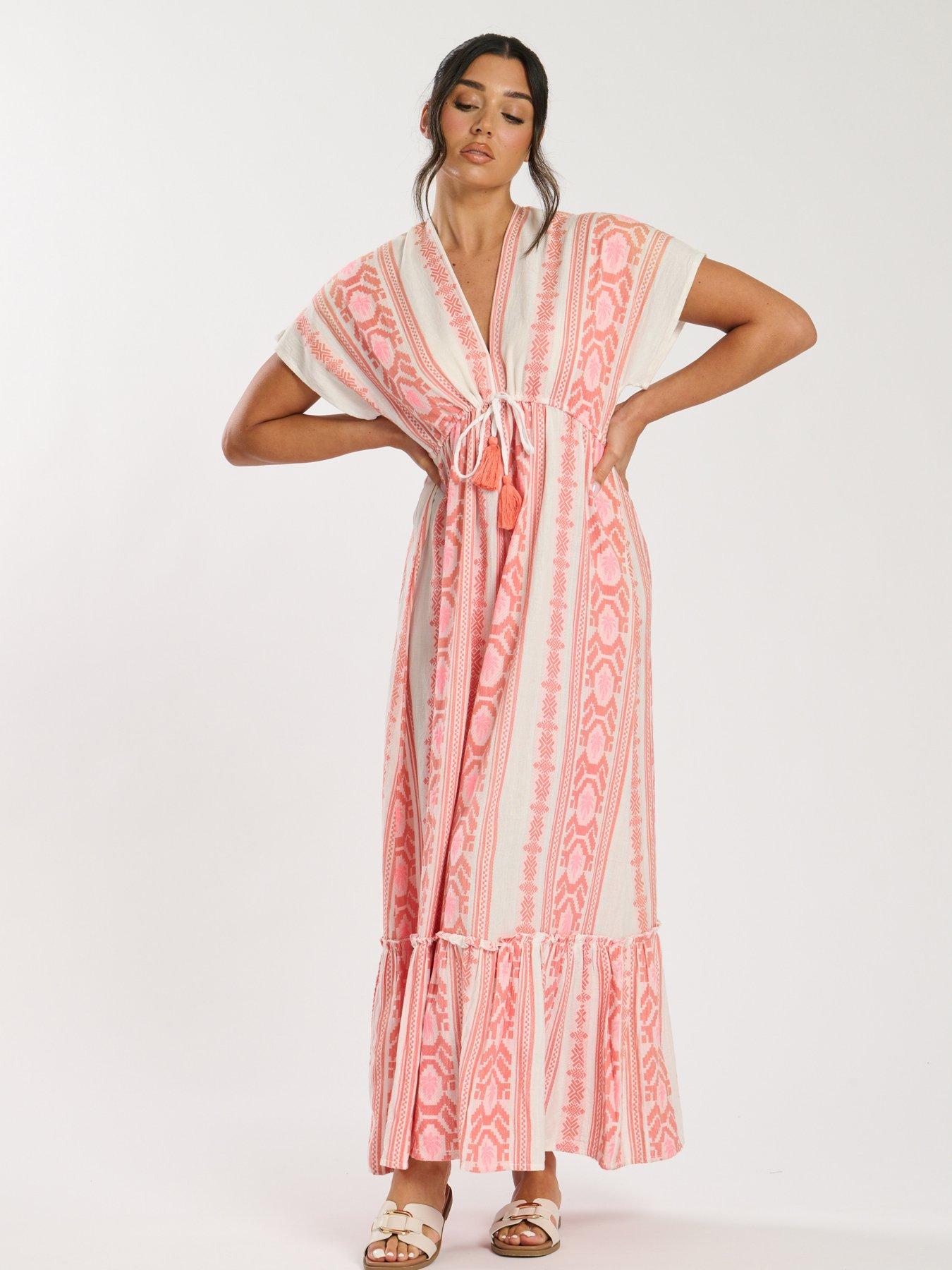 South Beach Jacquard V Neck Maxi Dress - Pink