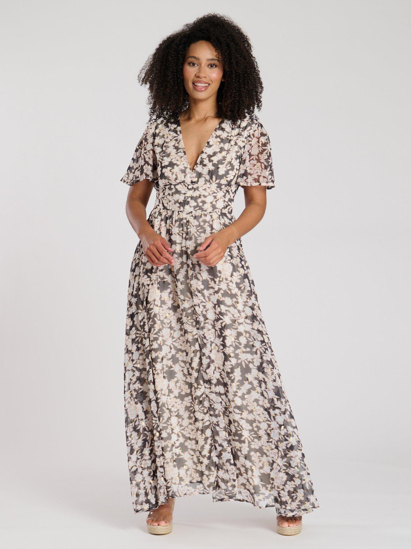 Image 1 of 3 of South Beach Printed Chiffon Button Detail Midi Dress - Multi