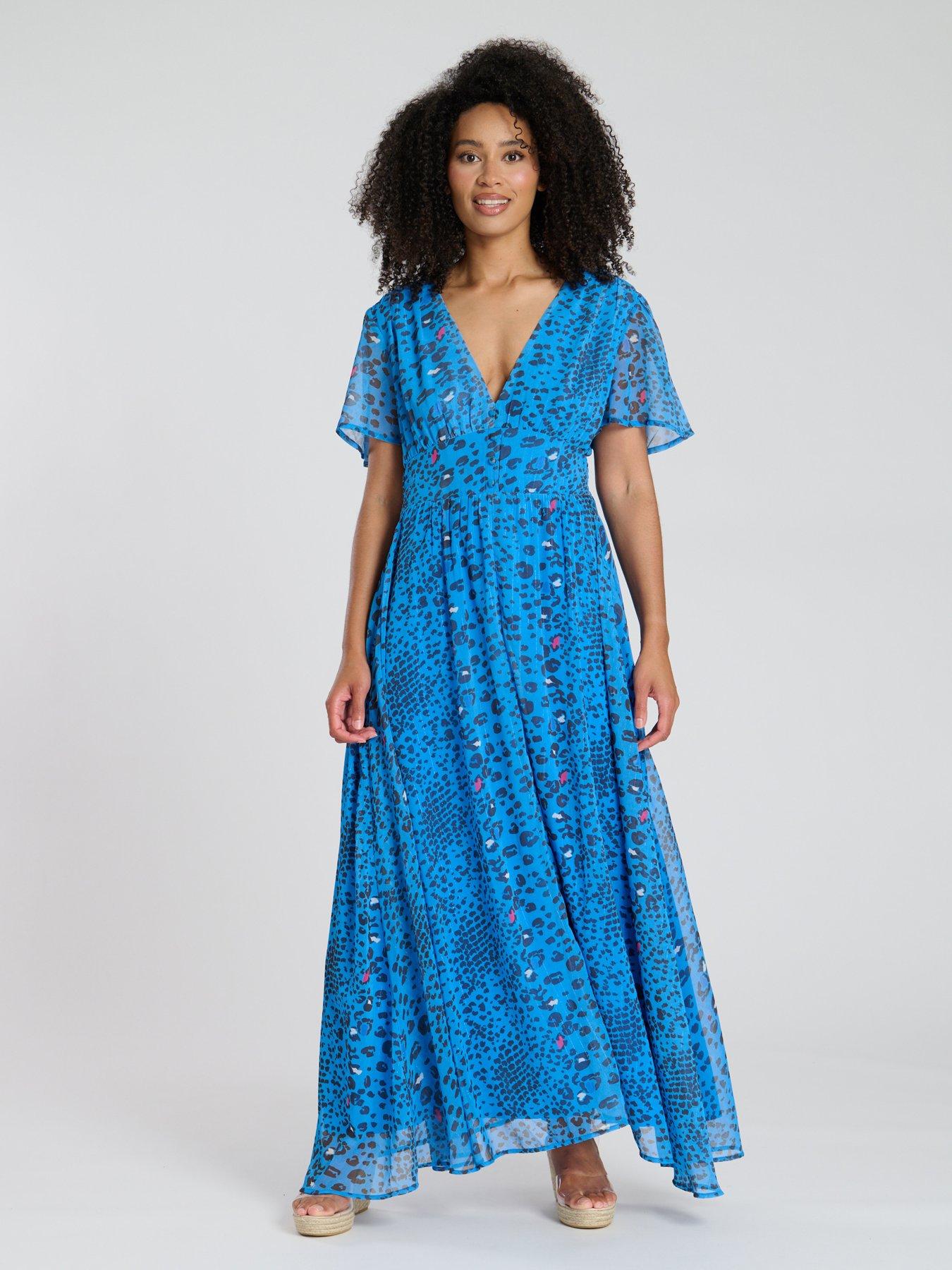undefined Printed Metallic Chiffon Button Detail Midi Dress