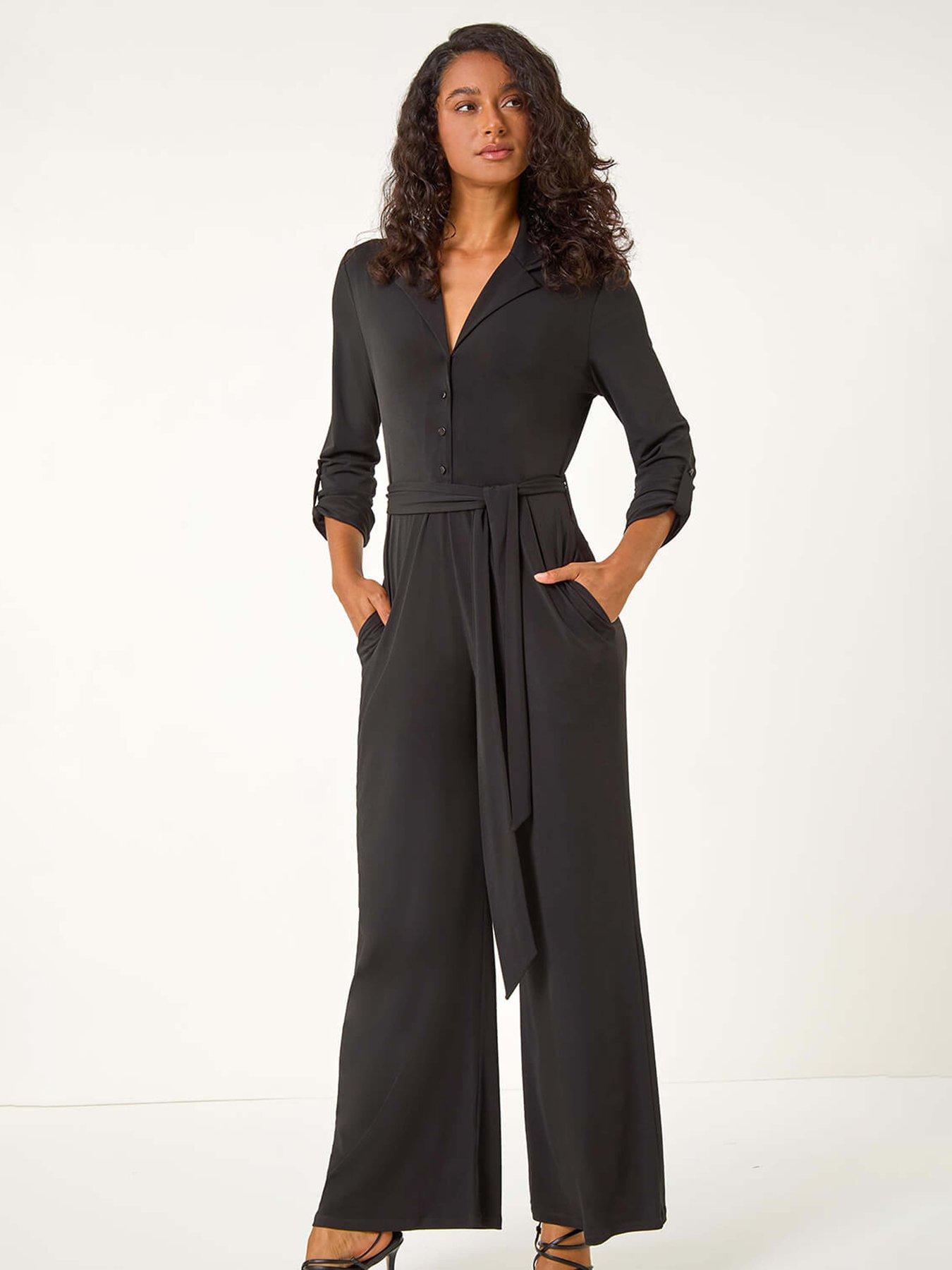 undefined Button Through Belted Stretch Jumpsuit - Black