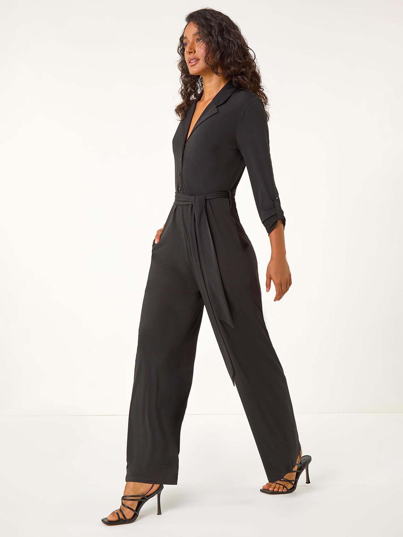 Roman Button Through Belted Stretch Jumpsuit - Black | Very