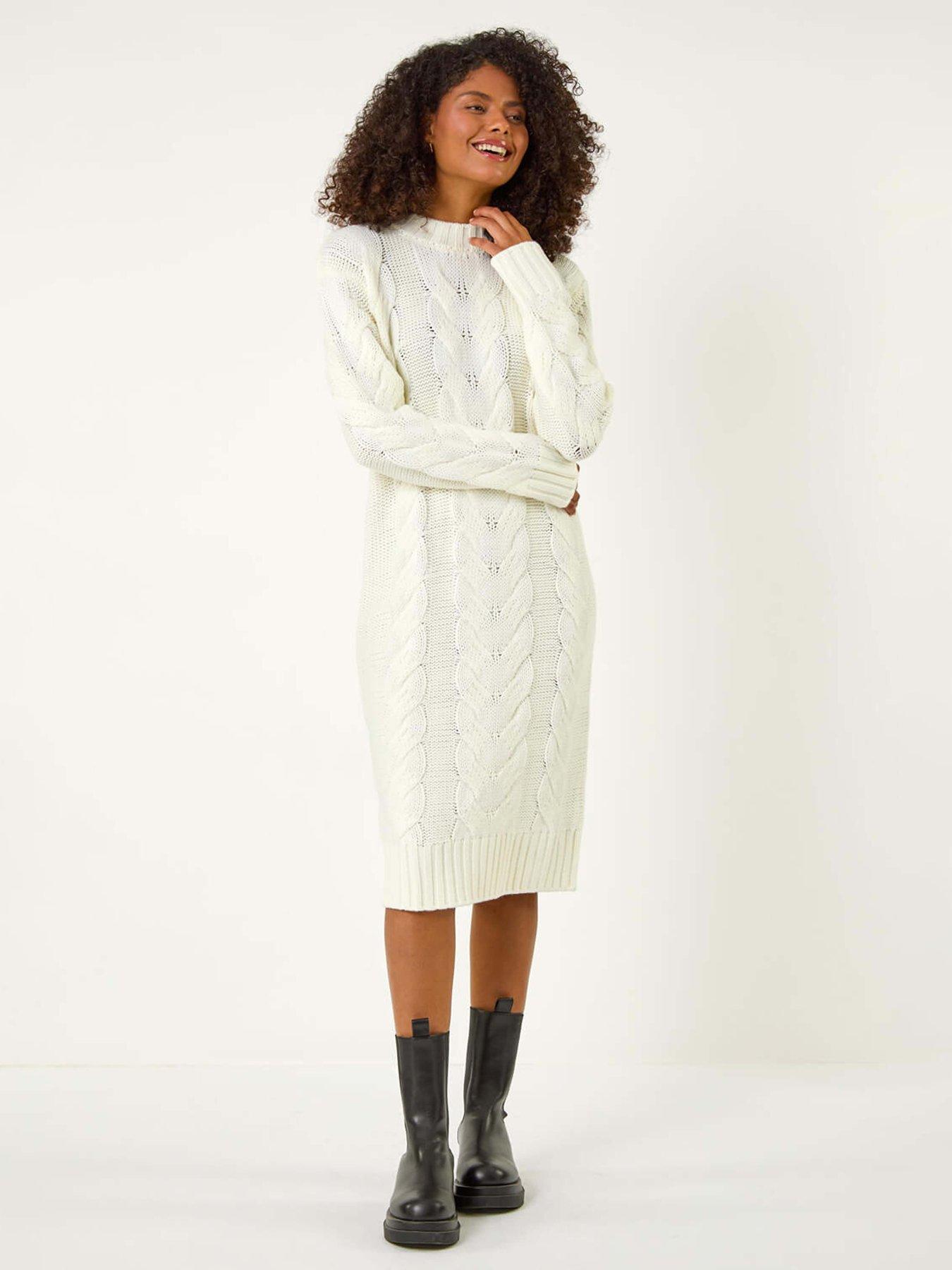 Roman Chunky Cable Knitted Jumper Dress - Ivory