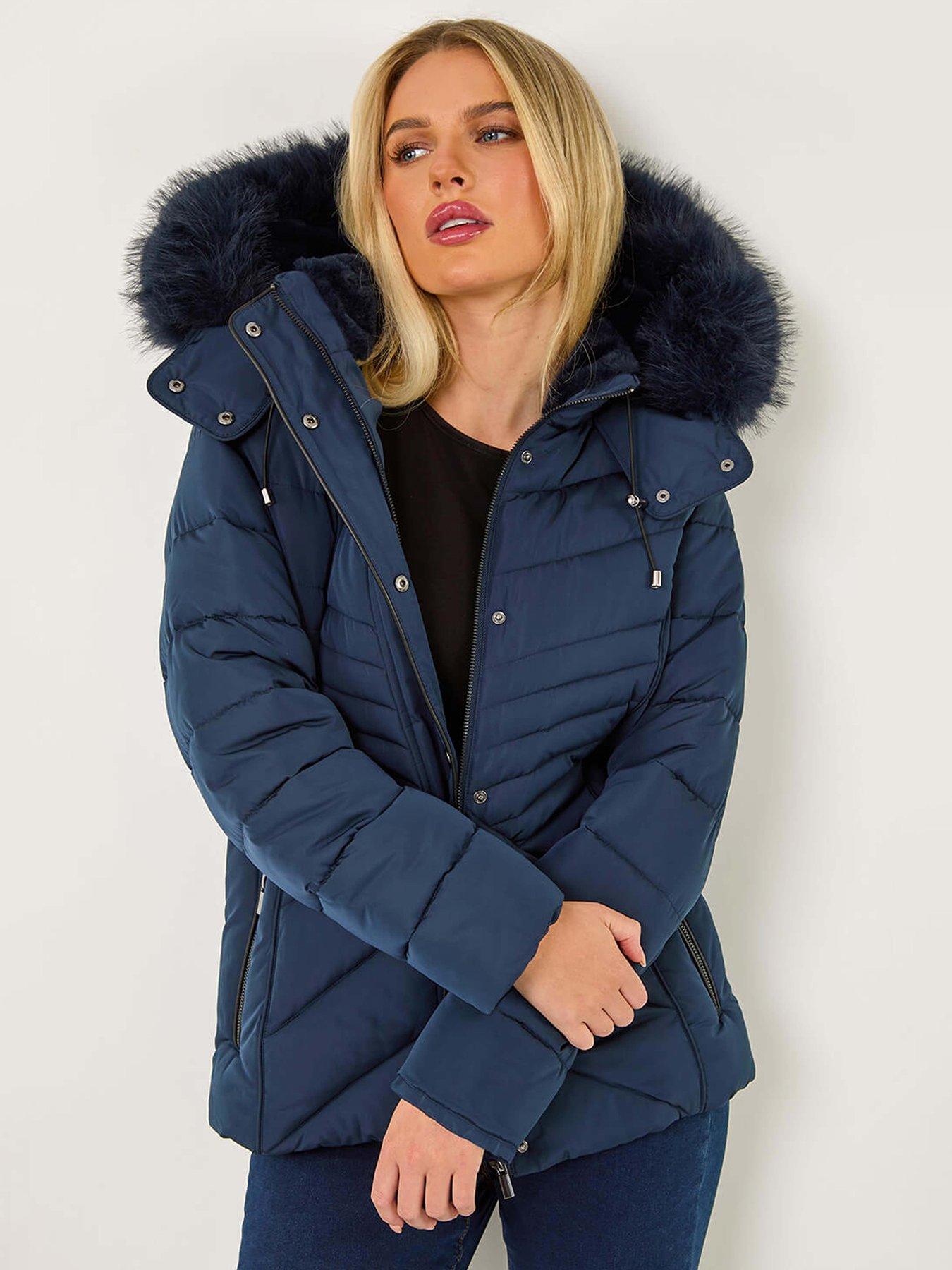 Petite Fur Hood Padded Coat Navy