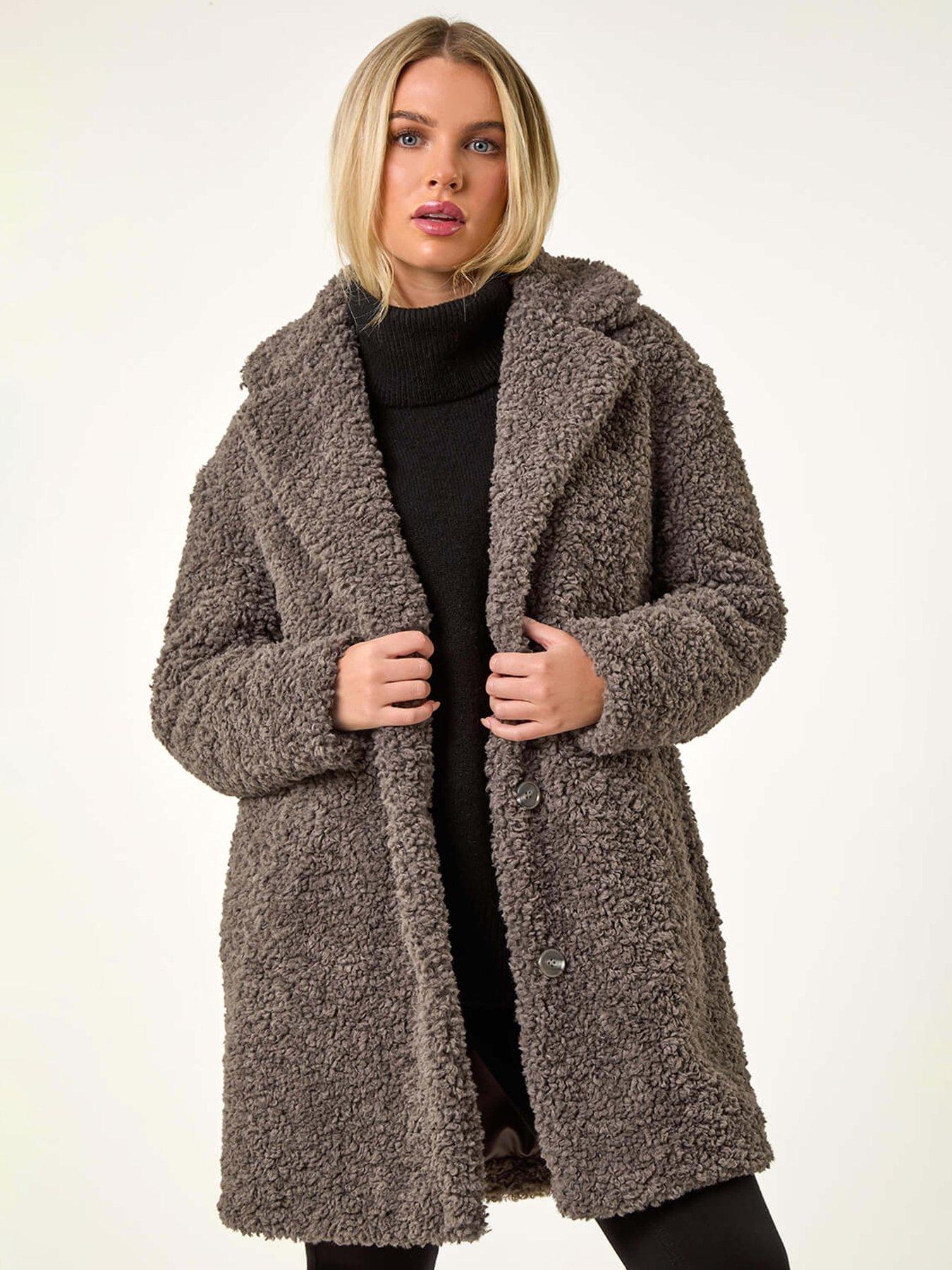 Roman Women's Taupe Petite Teddy Longline Coat In Size 18 - Image 2