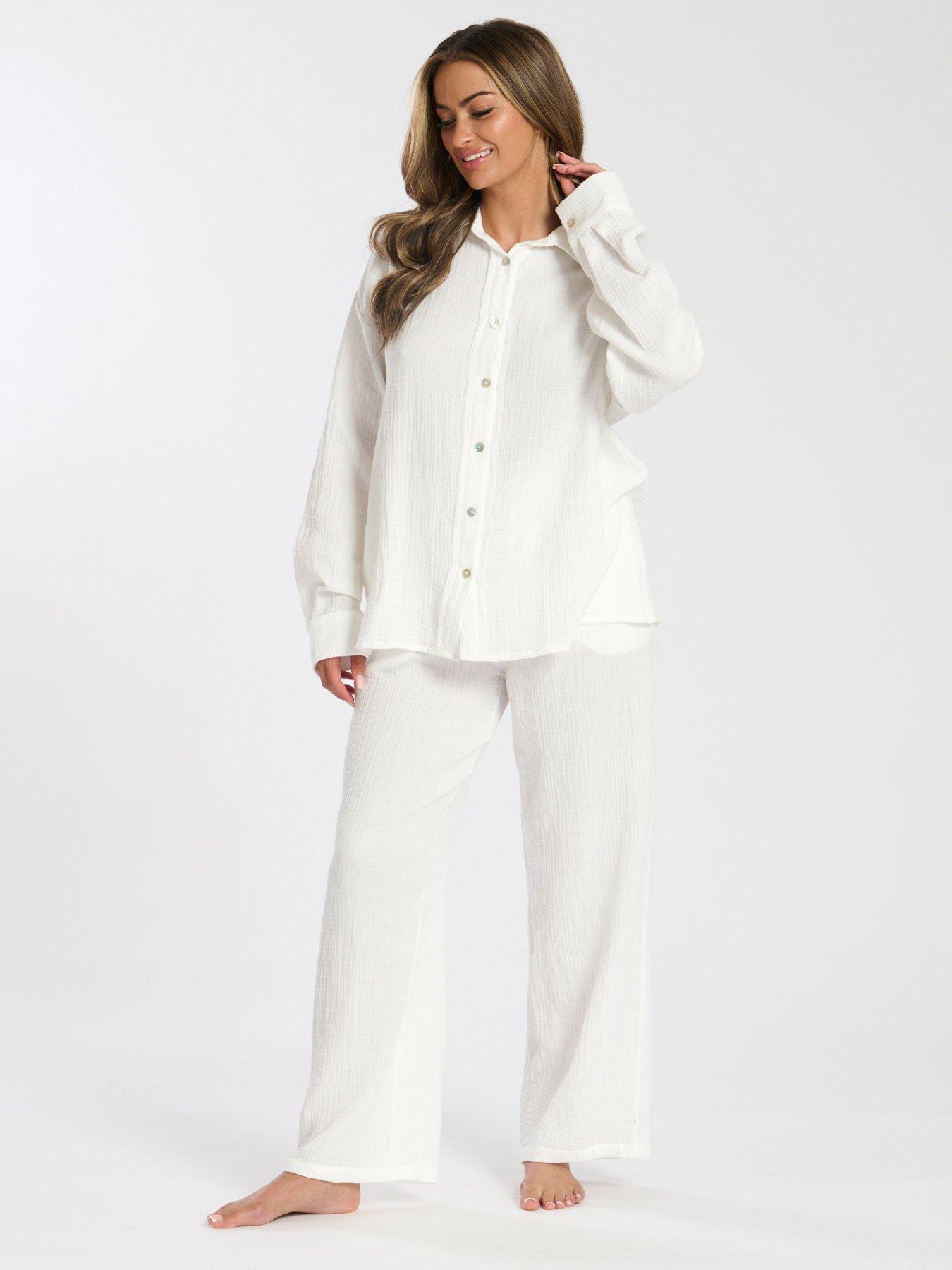 undefined Cotton Waffle Long Sleeved Pyjama Set - White