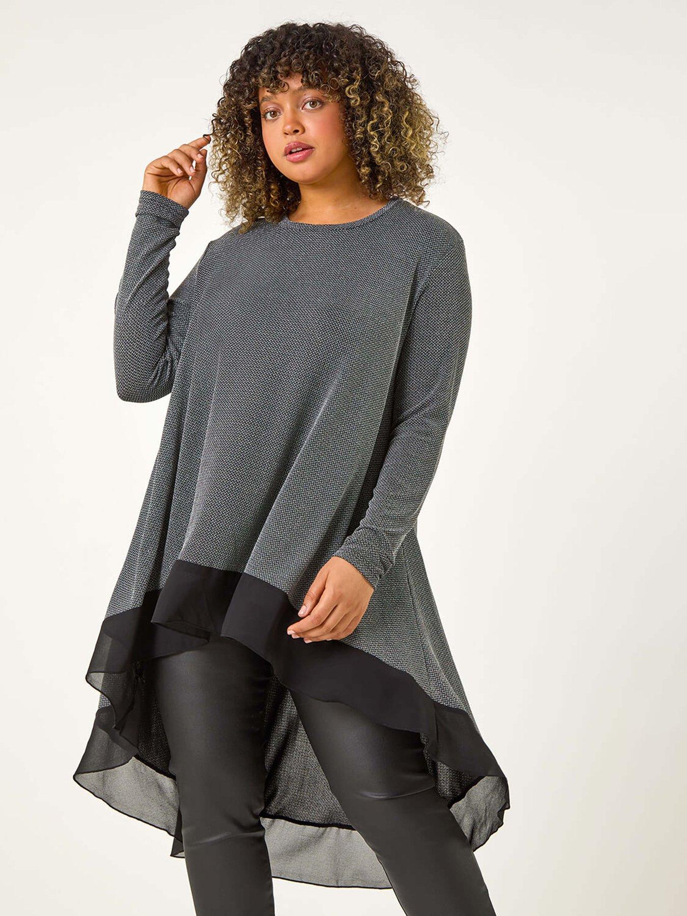 Roman Curve Glitter Chiffon Hem Tunic Top - Grey