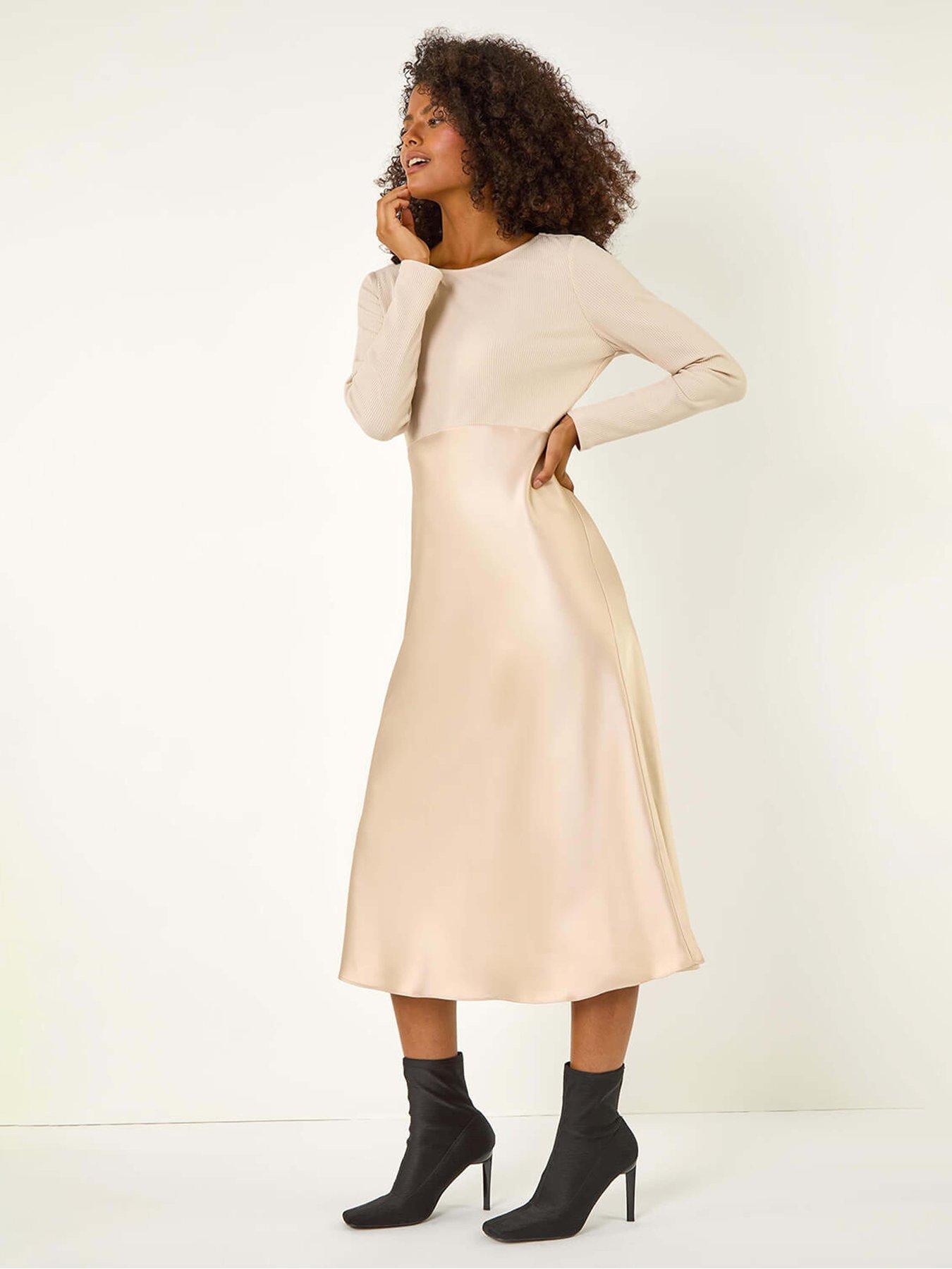 Image 1 of 5 of Roman Satin Bodycon Stretch Midi Dress - Biscuit