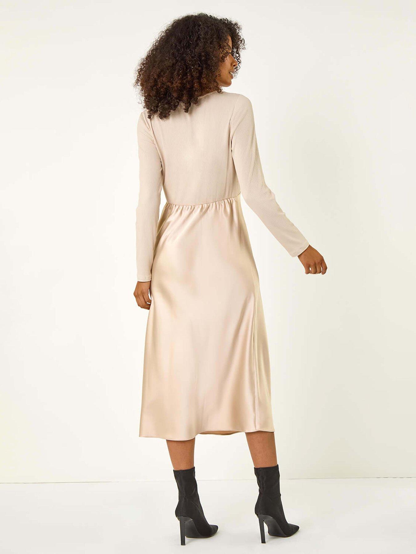Image 2 of 5 of Roman Satin Bodycon Stretch Midi Dress - Biscuit