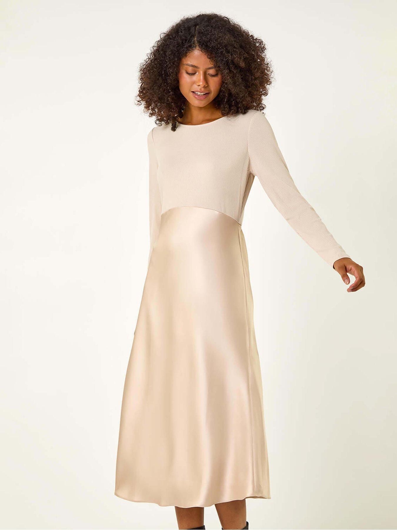 Image 3 of 5 of Roman Satin Bodycon Stretch Midi Dress - Biscuit