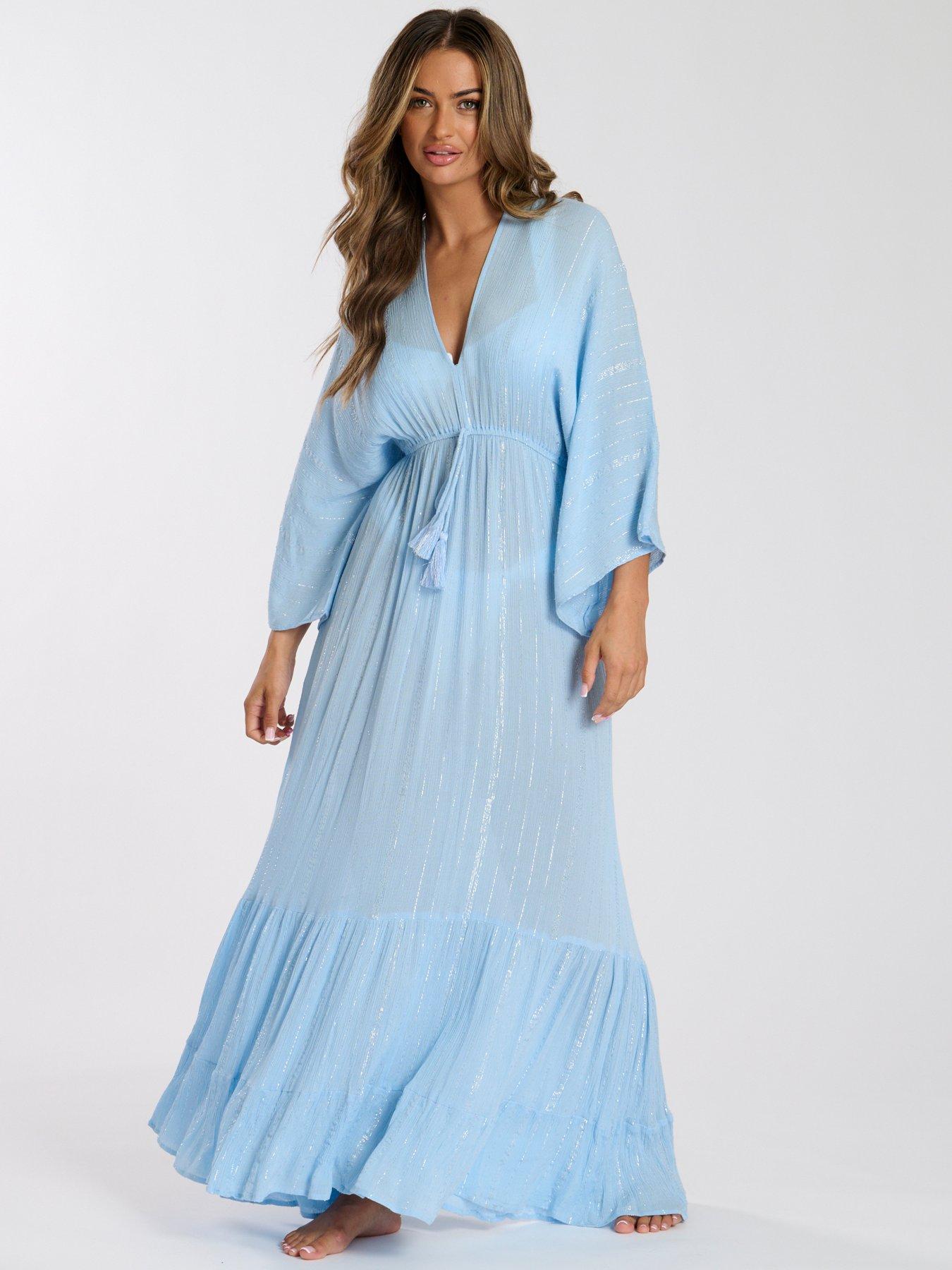 undefined Metallic Kimono Sleeve Maxi Dress - Blue