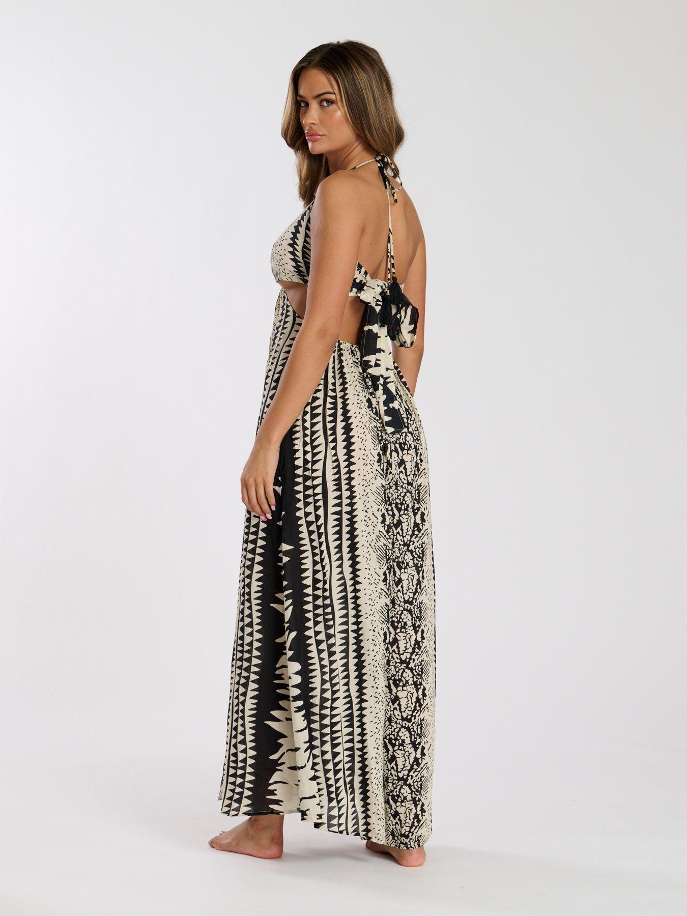 Image 2 of 5 of South Beach Printed Halter neck Ring Detail Beach Maxi Dress