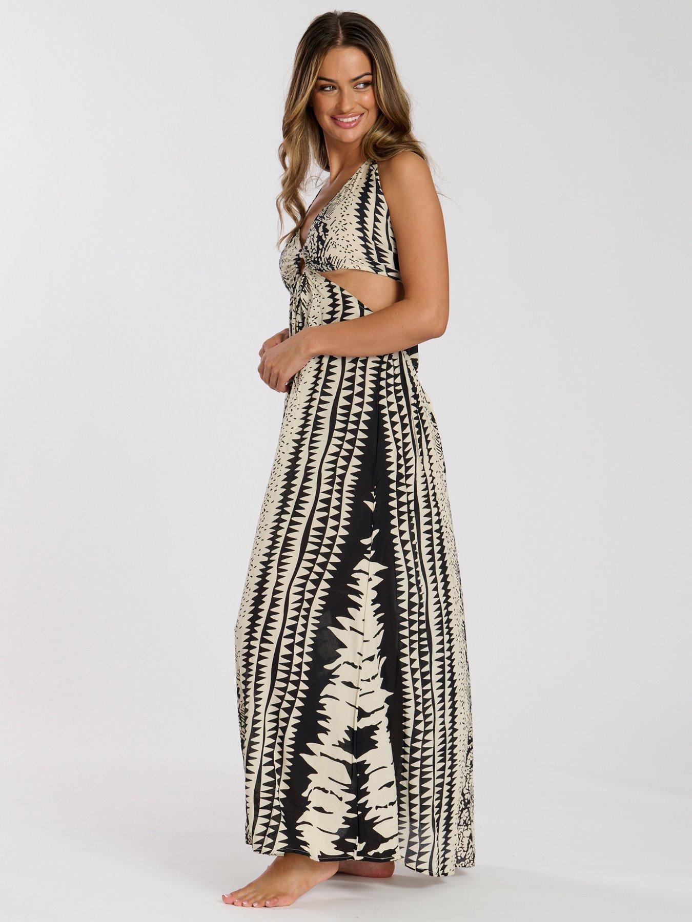 Image 3 of 5 of South Beach Printed Halter neck Ring Detail Beach Maxi Dress