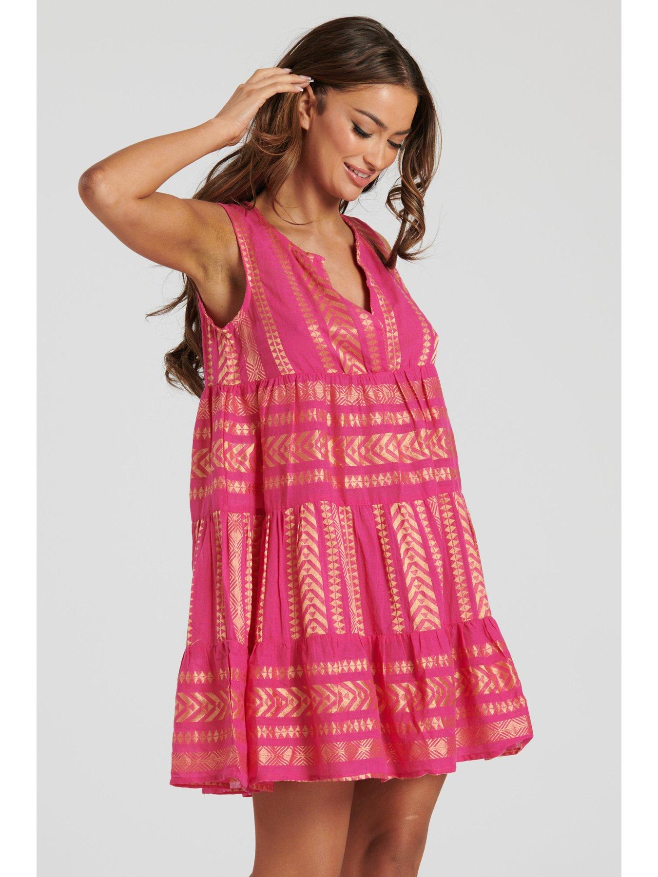 Image 3 of 4 of South Beach Metallic Jaquard Sleeveless Tiered Knee Length Dress - Pink