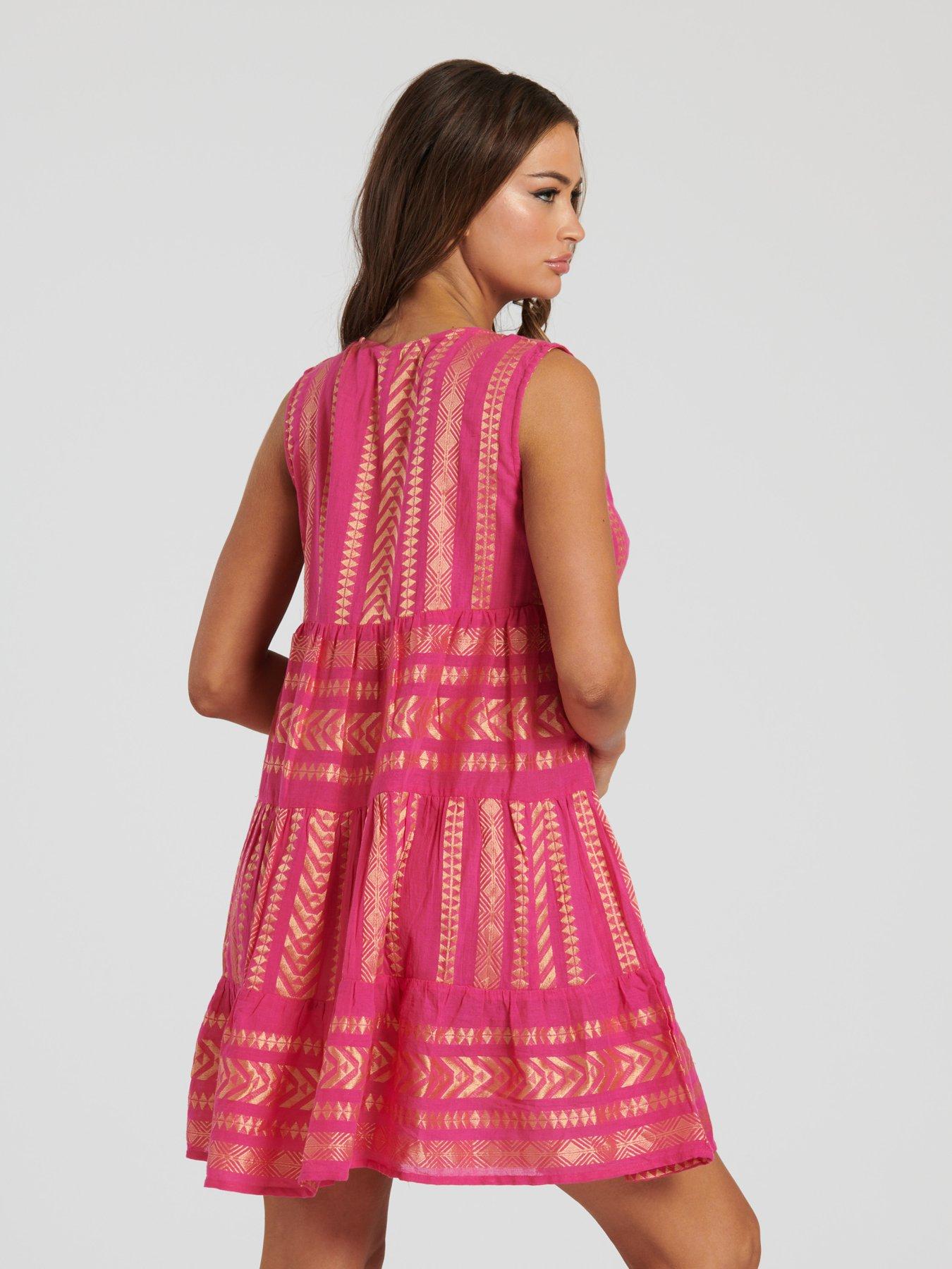 Image 4 of 4 of South Beach Metallic Jaquard Sleeveless Tiered Knee Length Dress - Pink