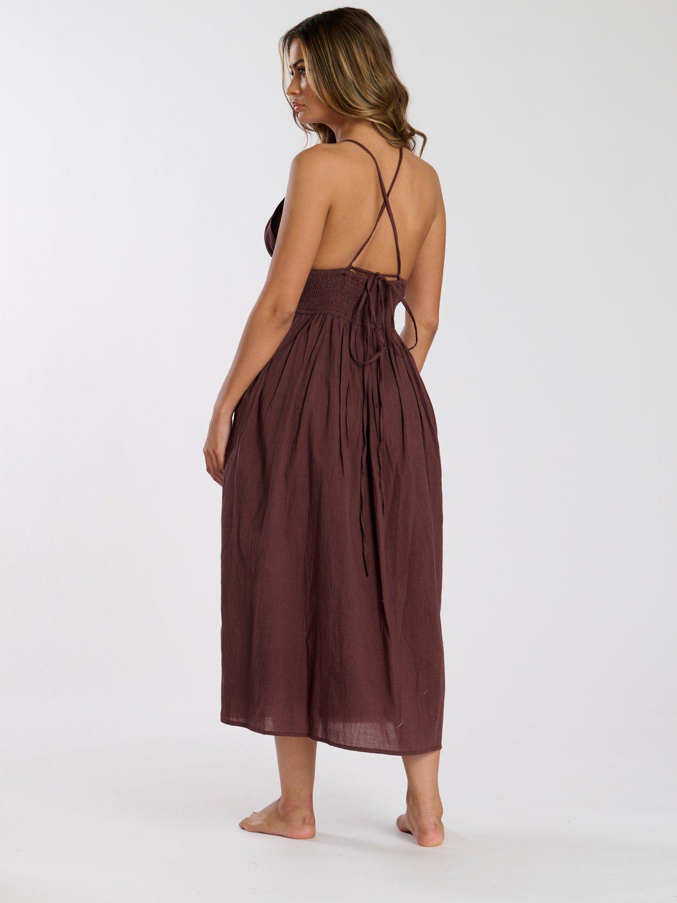 Soft Brown Long Drape  Halter Neck Dress