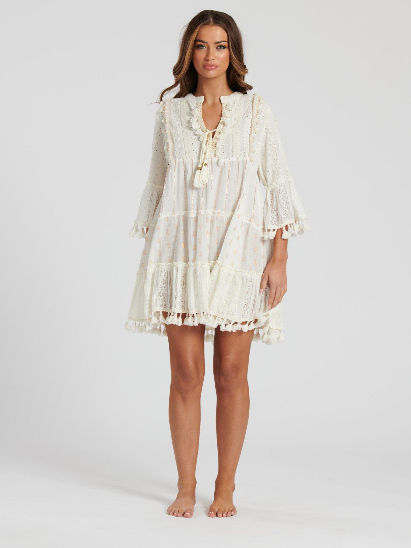 undefined Trim Detail Tiered Mini Dress - White