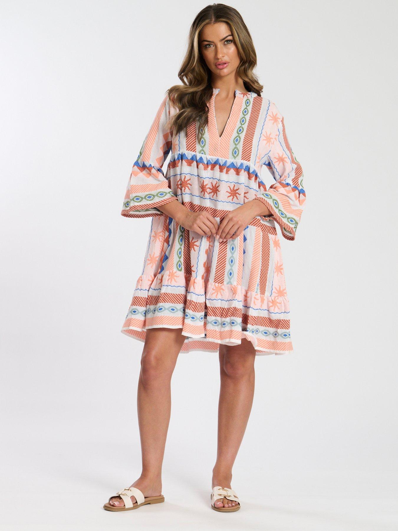 undefined Jacquard 3/4 Sleeve Tiered Mini Dress - Multi