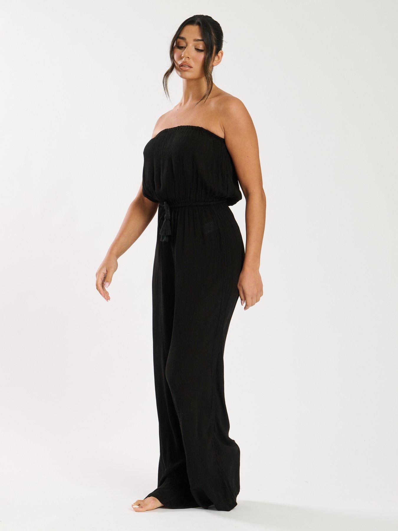 Image 2 of 5 of South Beach Crinkle Viscose Strapless Jumpsuit - Black